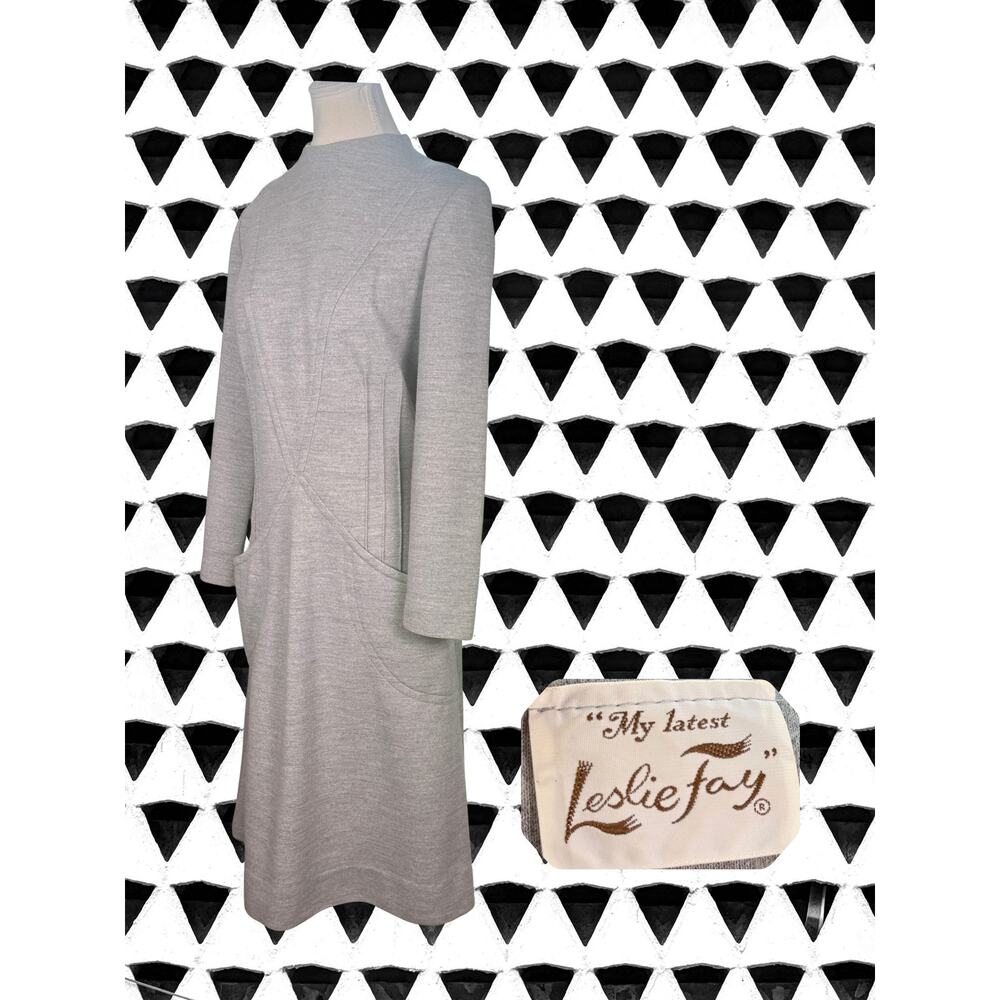 Vintage 1960s/1970s Leslie Fay Knits Gray Wool Mod A-Line Dress Size M - Picture 3 of 4